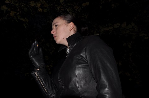 Girls in leather pants with leather boots and girls leather gloves